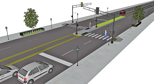 A rendering of a signalized two-stage directional crossing. Cars are stopped while pedestrians are crossing at the crosswalk.